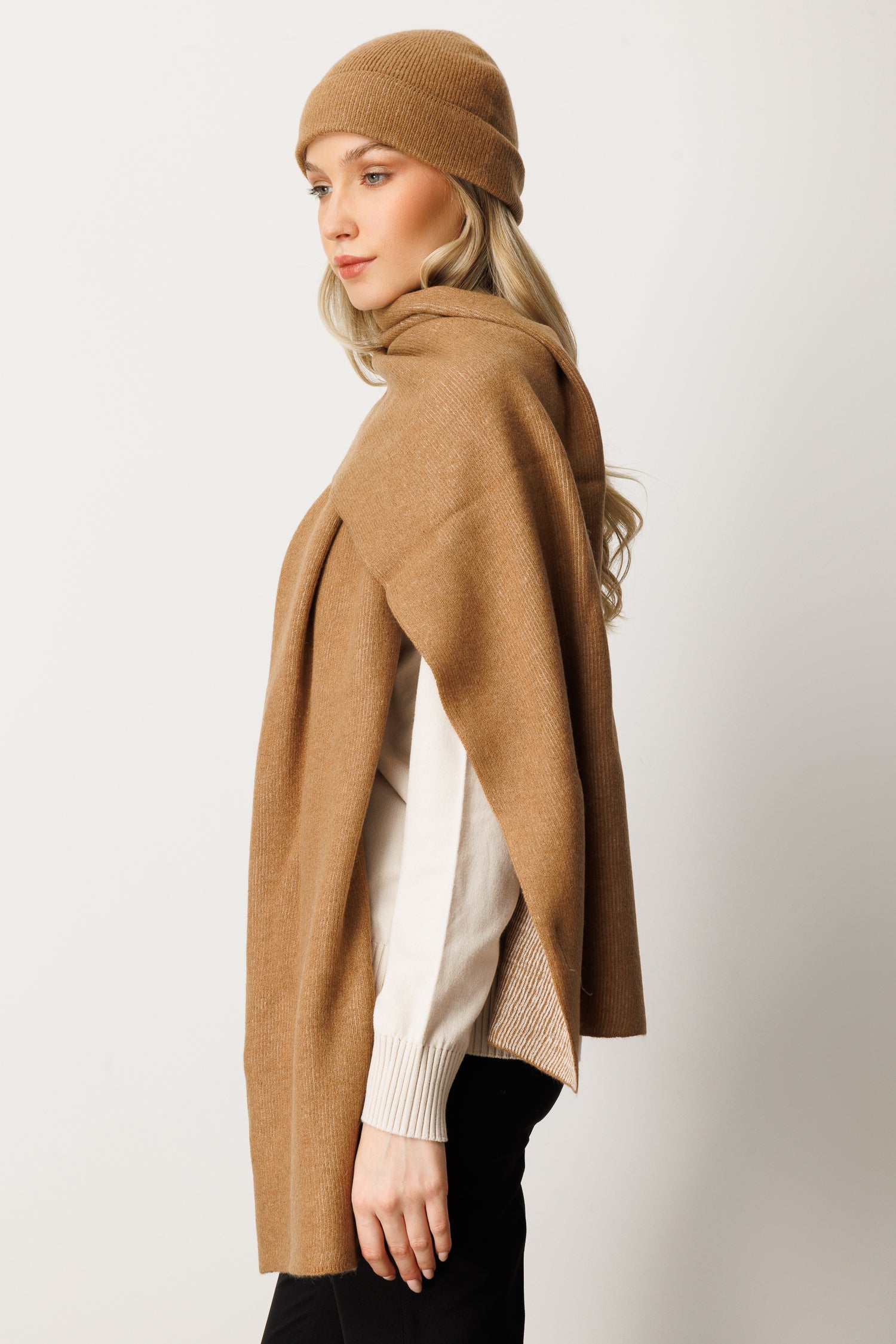 SCARF-HAT WOOL SET CAMEL-ECRU
