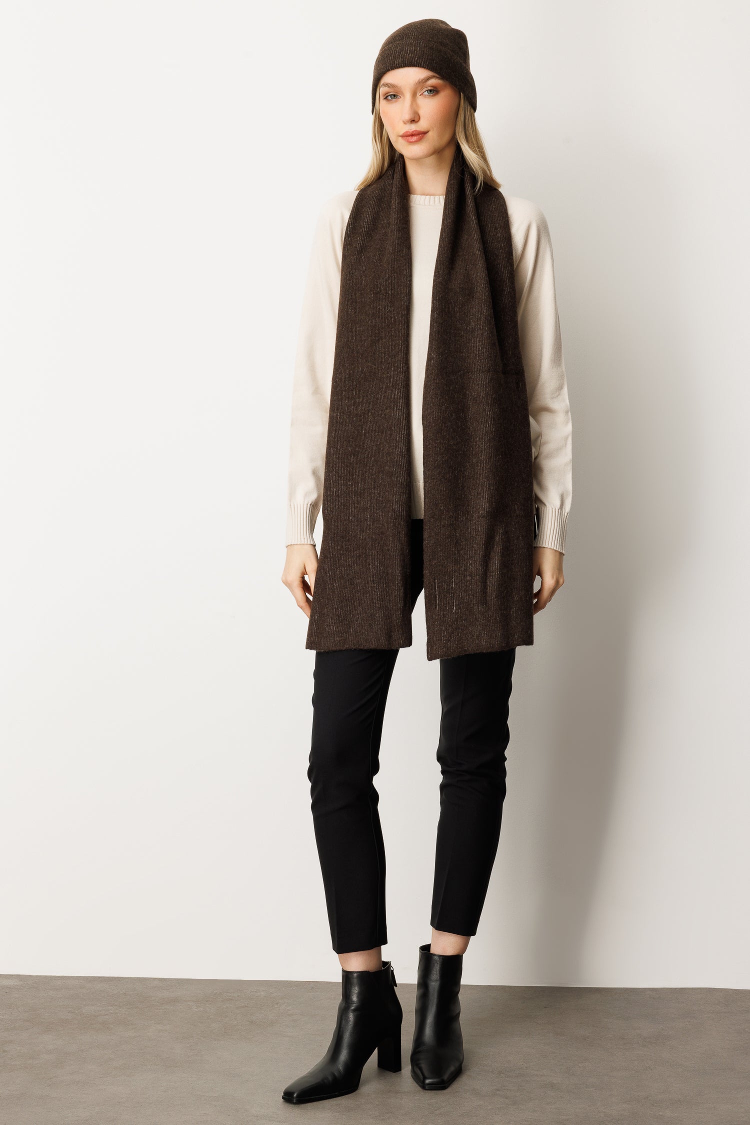 SCARF-HAT WOOL SET BROWN-ECRU
