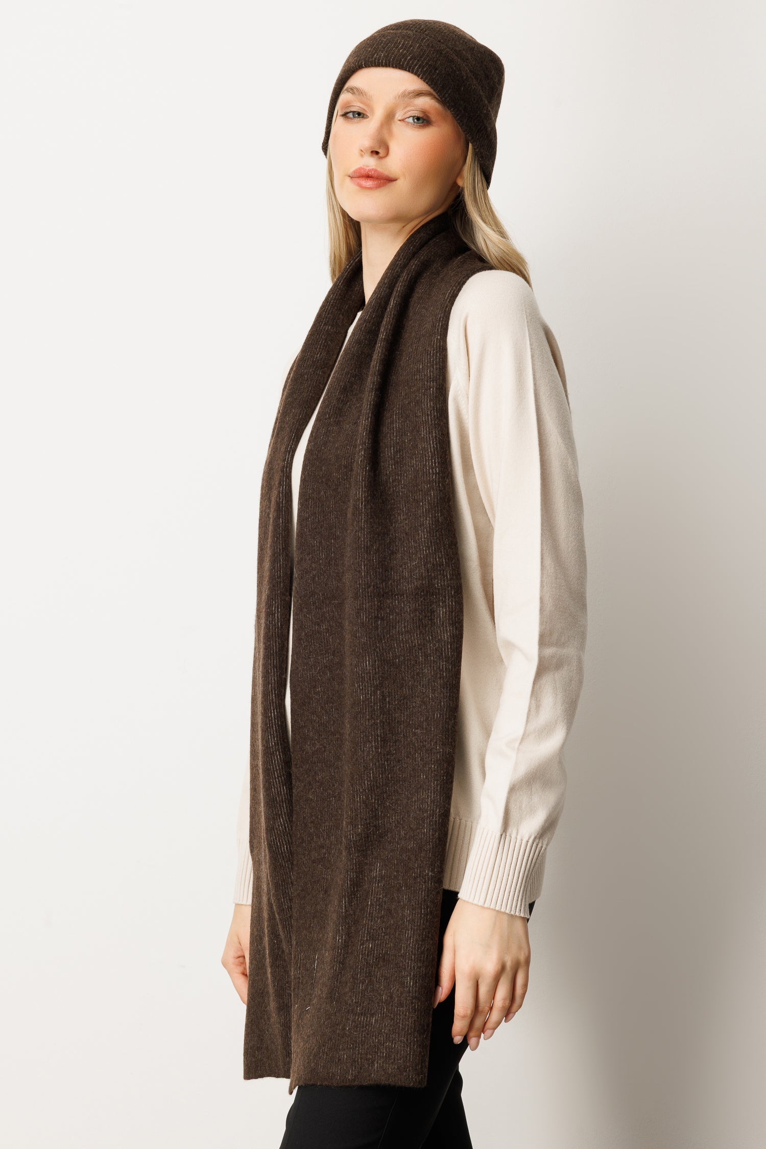 SCARF-HAT WOOL SET BROWN-ECRU