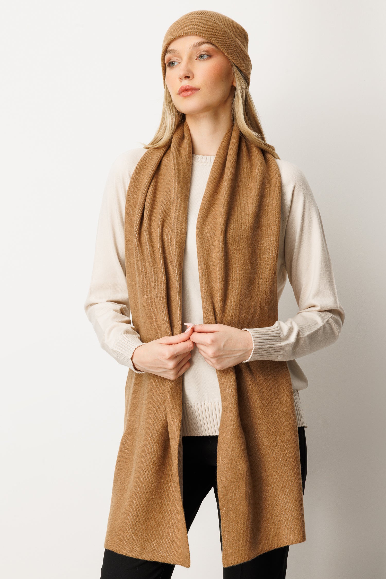 SCARF-HAT WOOL SET CAMEL-ECRU