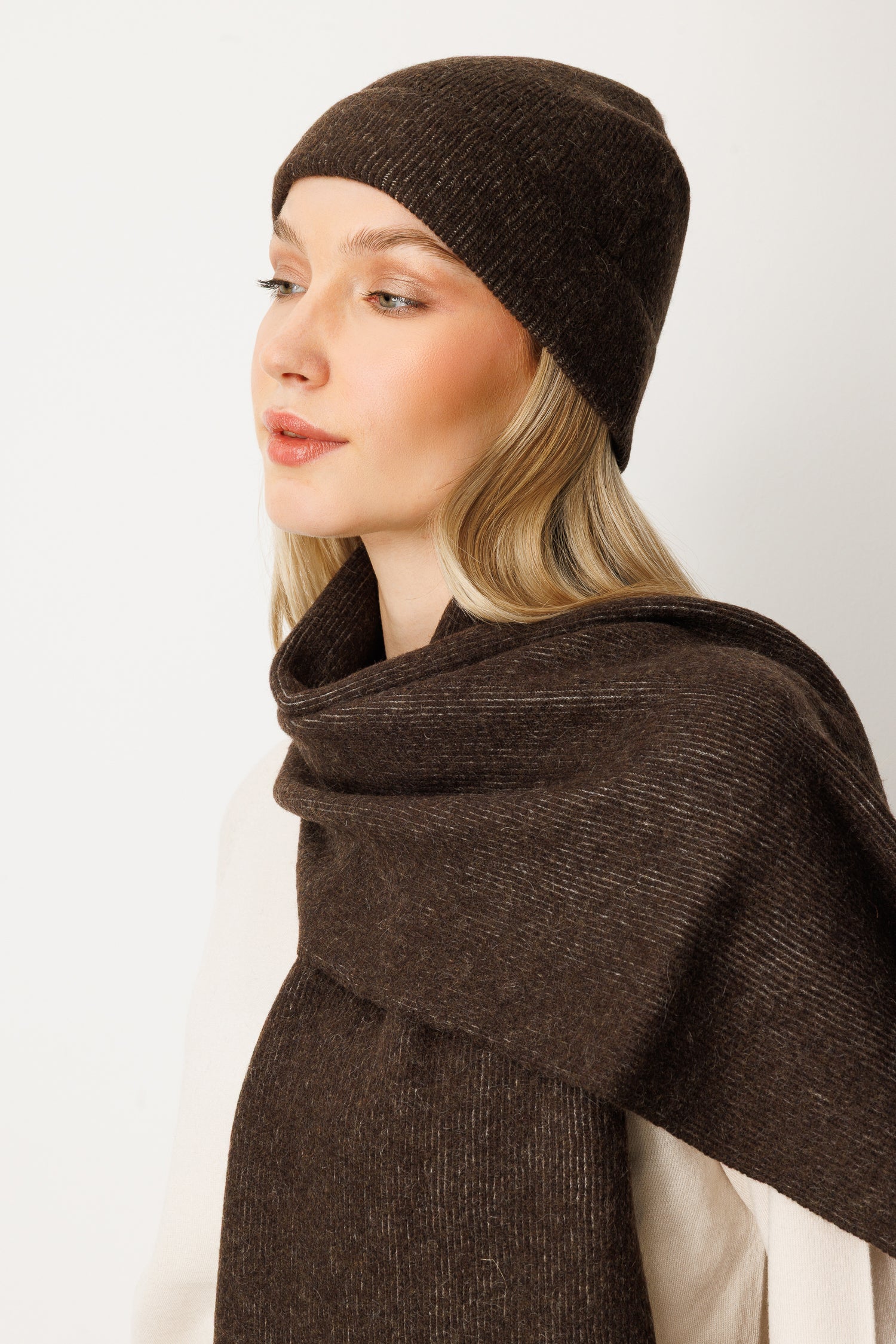 SCARF-HAT WOOL SET BROWN-ECRU