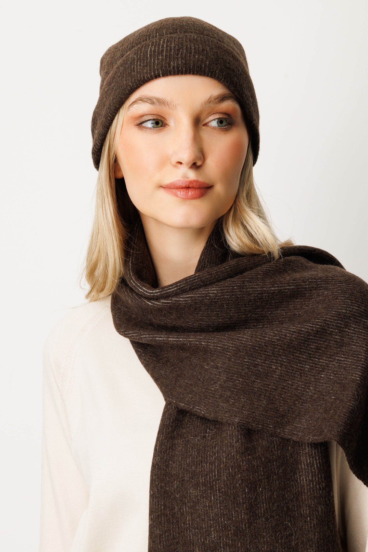 SCARF-HAT WOOL SET BROWN-ECRU