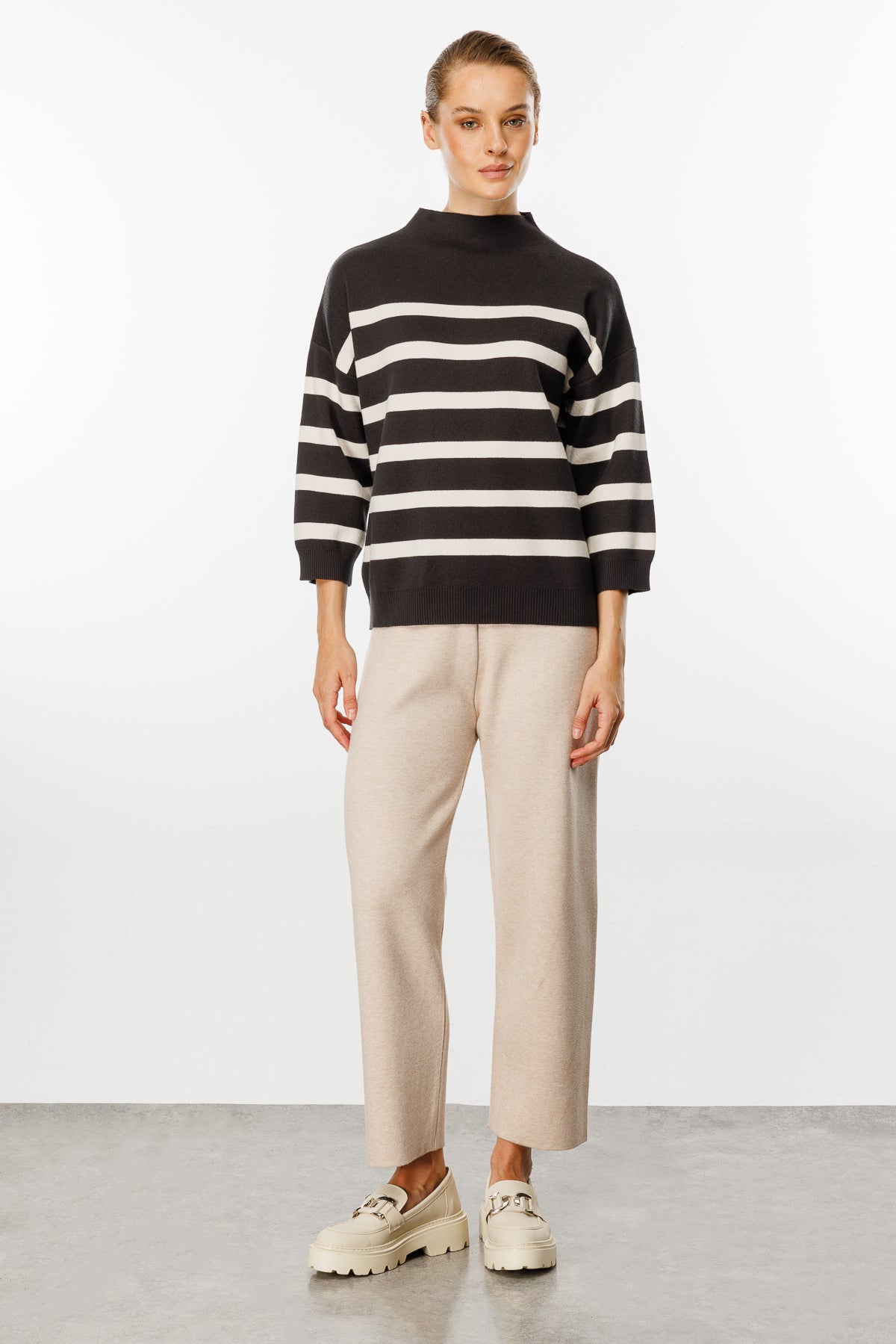 Striped Blouse with Capri Sleeves - Brown/White