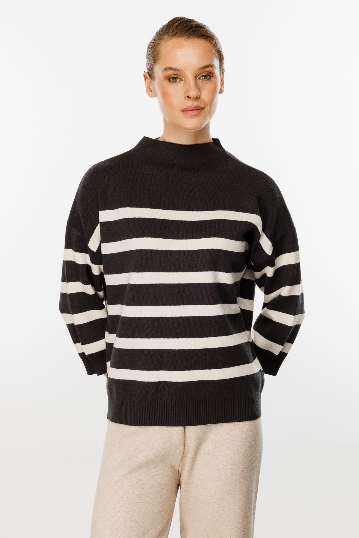 Striped Blouse with Capri Sleeves - Brown/White