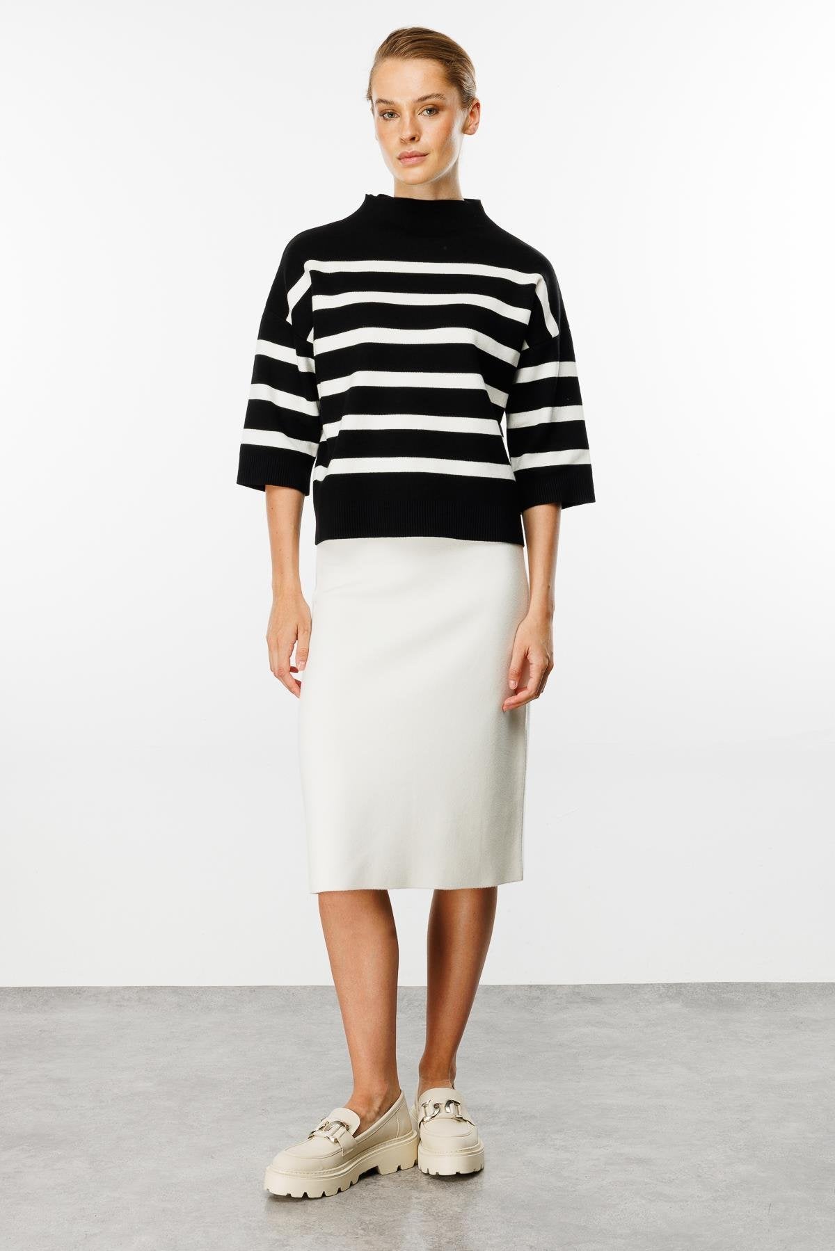 Striped Blouse with Capri Sleeves - Black/White